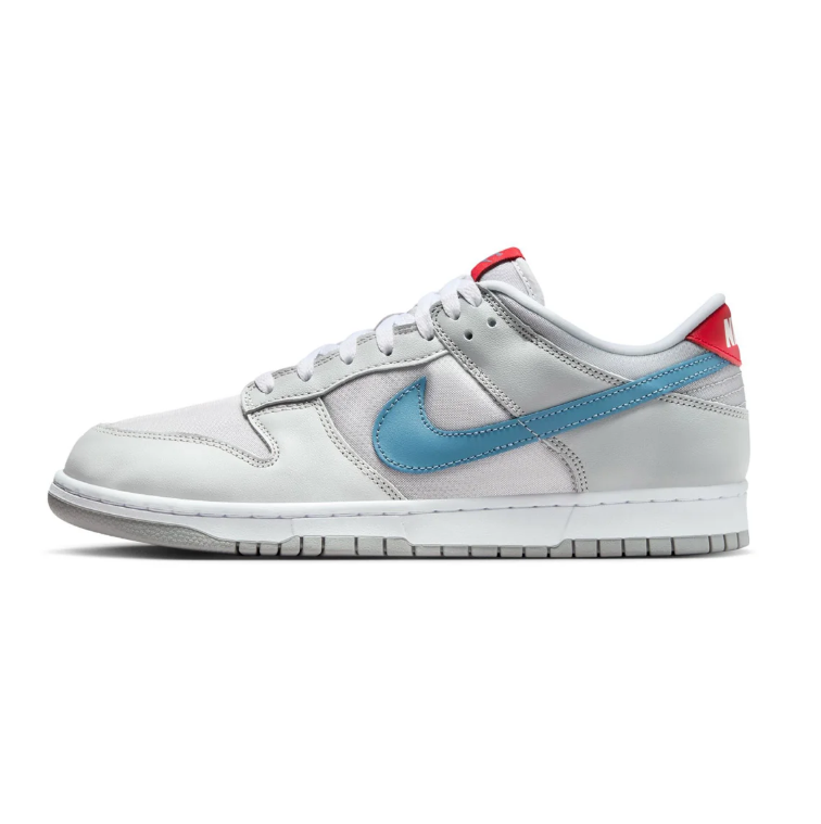 Nike Dunk Low Sneakers - Light Gray & Blue with Red Accents